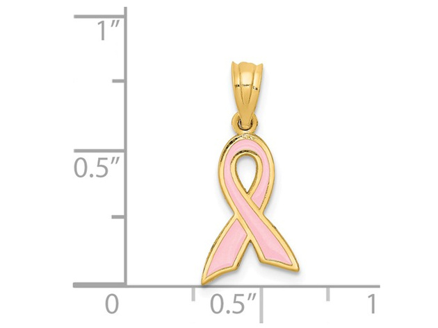 14K Yellow Gold Small Pink Enamel Awareness Ribbon Charm Pendant Necklace with Chain