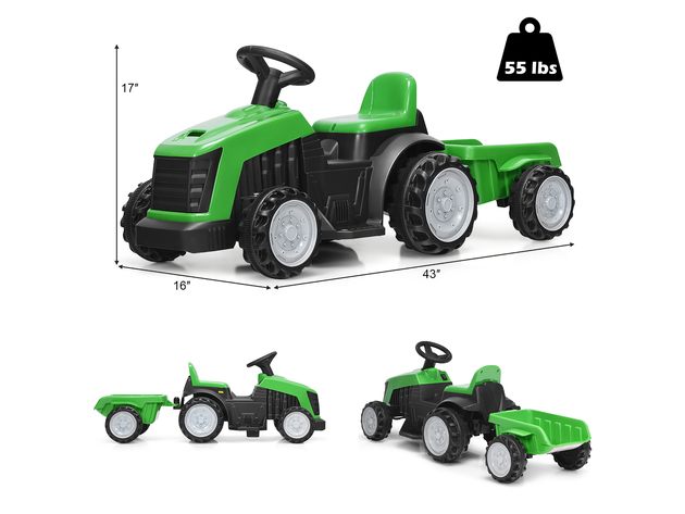 Costway Honeyjoy 6V Electric Kids Ride On Tractor 6 Wheels Car Toy with Trailer Green