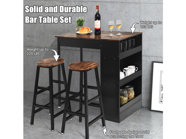 Costway 3 Pieces Bar Table Set Industrial Counter with Storage