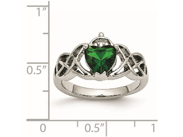 Claddagh Ring in Stainless Steel with Green Heart CZ - 8