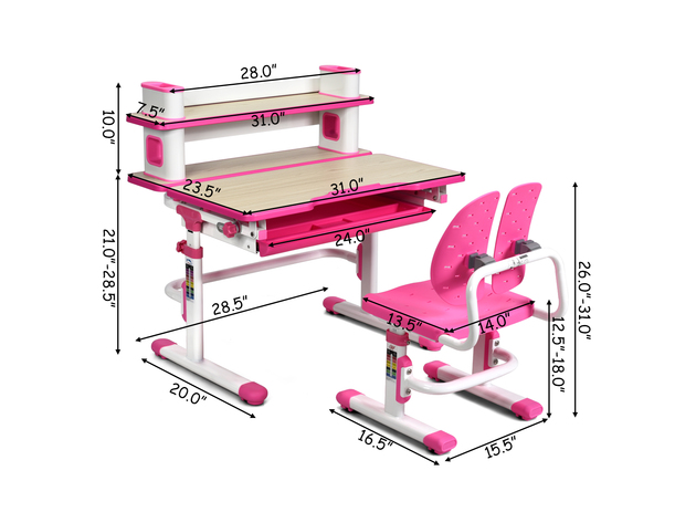 Costway Children's Desk Chair Set Height Adjustable Study Table - Pink