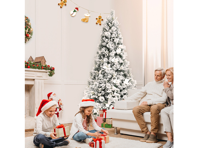 Costway 7ft Snow Flocked Hinged Christmas Tree w/ Berries & Poinsettia Flowers - White