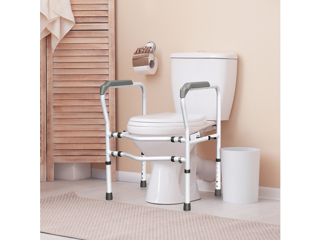 Toilet Safety Frame, Stand Alone Toilet Safety Rail w/ Adjustable Height & Width - White/Grey