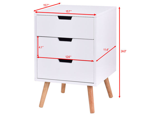 Costway White Side End Table Nightstand w/ 3 Drawers Mid-Century Accent Wood Furniture - White