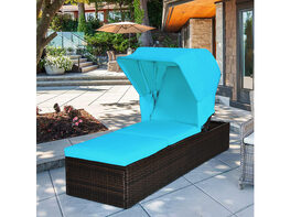 Costway Patio Rattan Lounge Chair Chaise Cushioned Top Canopy Adjustable Turquoise