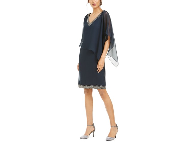 J Kara Women's Embellished Overlay Sheath Dress Blue Size 14