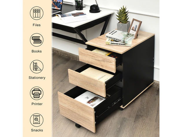 Costway 3-Drawer Mobile File Cabinet Vertical Filling Cabinet for Home Office - Natural + Black