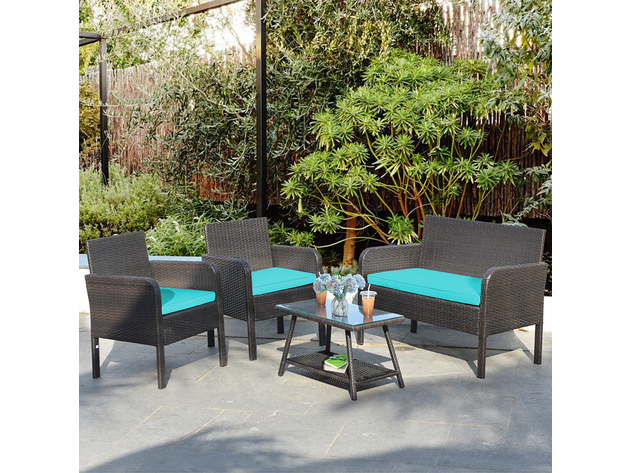 Costway 4 Piece Outdoor Rattan Furniture Set Patio Wicker Sofa w/Tempered Glass Table Cushioned Chair - Turquoise