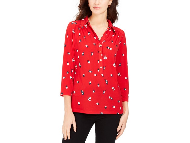 Charter Club Women's 3/4 Sleeve Printed Polo Top Red Size Small | Joyus