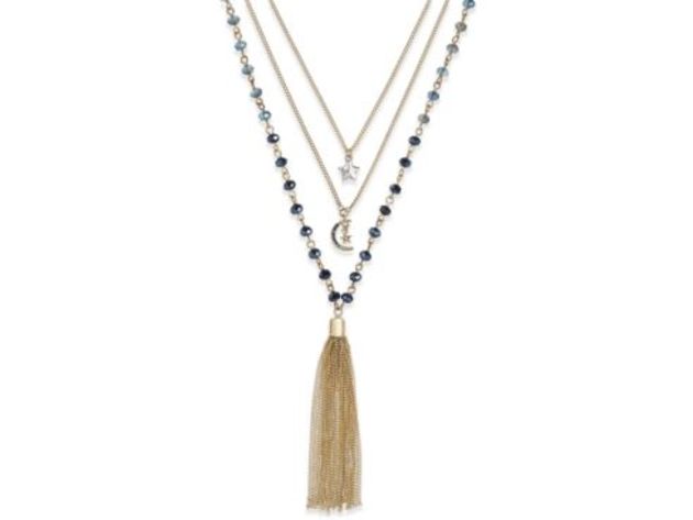 Gold-Tone Beaded Tassel Pendant Layer Necklace