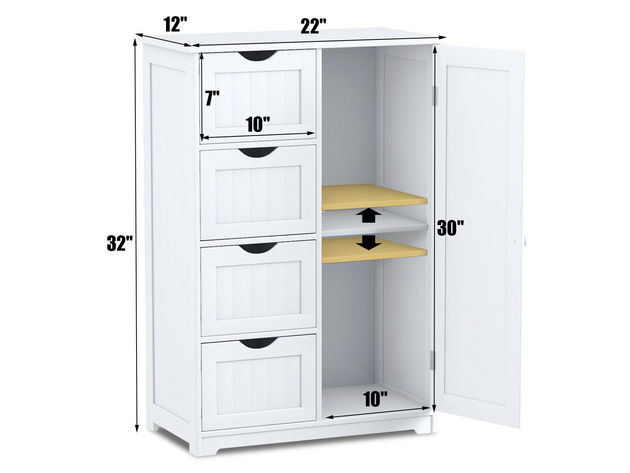 Costway Wooden 4 Drawer Bathroom Cabinet Storage Cupboard 2 Shelves Free Standing White