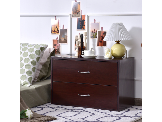 Costway 2-Drawer Dresser Horiztonal Organizer w/Handle Wood End Table Nightstand - Brown/ White