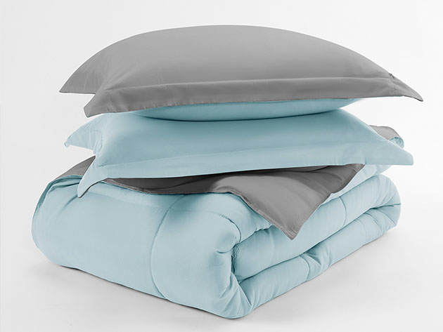 Down Alternative Reversible Comforter Set (Aqua & Light Gray | Queen)