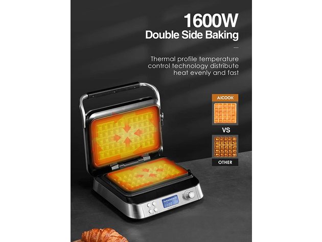 AICOOK Smart Pro Belgian Waffle Maker, 5 Different Programs, Sliver