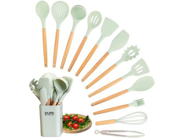 Pure Parker Kitchen Silicone Cooking Utensil 13-Piece Set with Stand Red