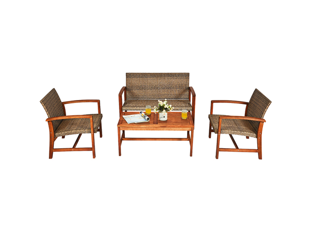 Costway 4 Piece Outdoor Patio Rattan Furniture Set Acacia Wood Frame Sofa Loveseat Garden - Coffee