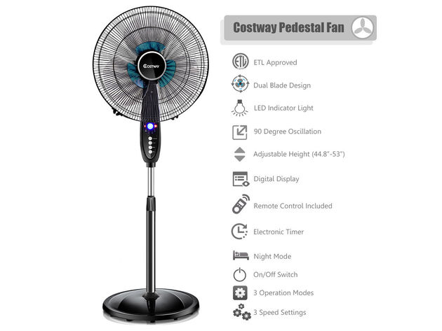 16'' Adjustable Oscillating Pedestal Fan Remote Control Black