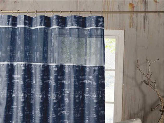 Ella Satin Look Microfiber Shower Curtain with Sheer Border (Navy Blue)