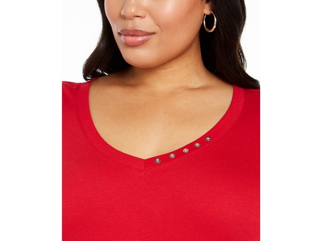 Karen Scott Women's Plus Size Cotton V-Neck Top Red Size 0X