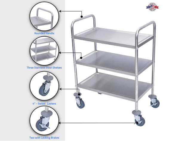 Offex Multipurpose 37"H Three-Shelf Stainless Steel Cart 