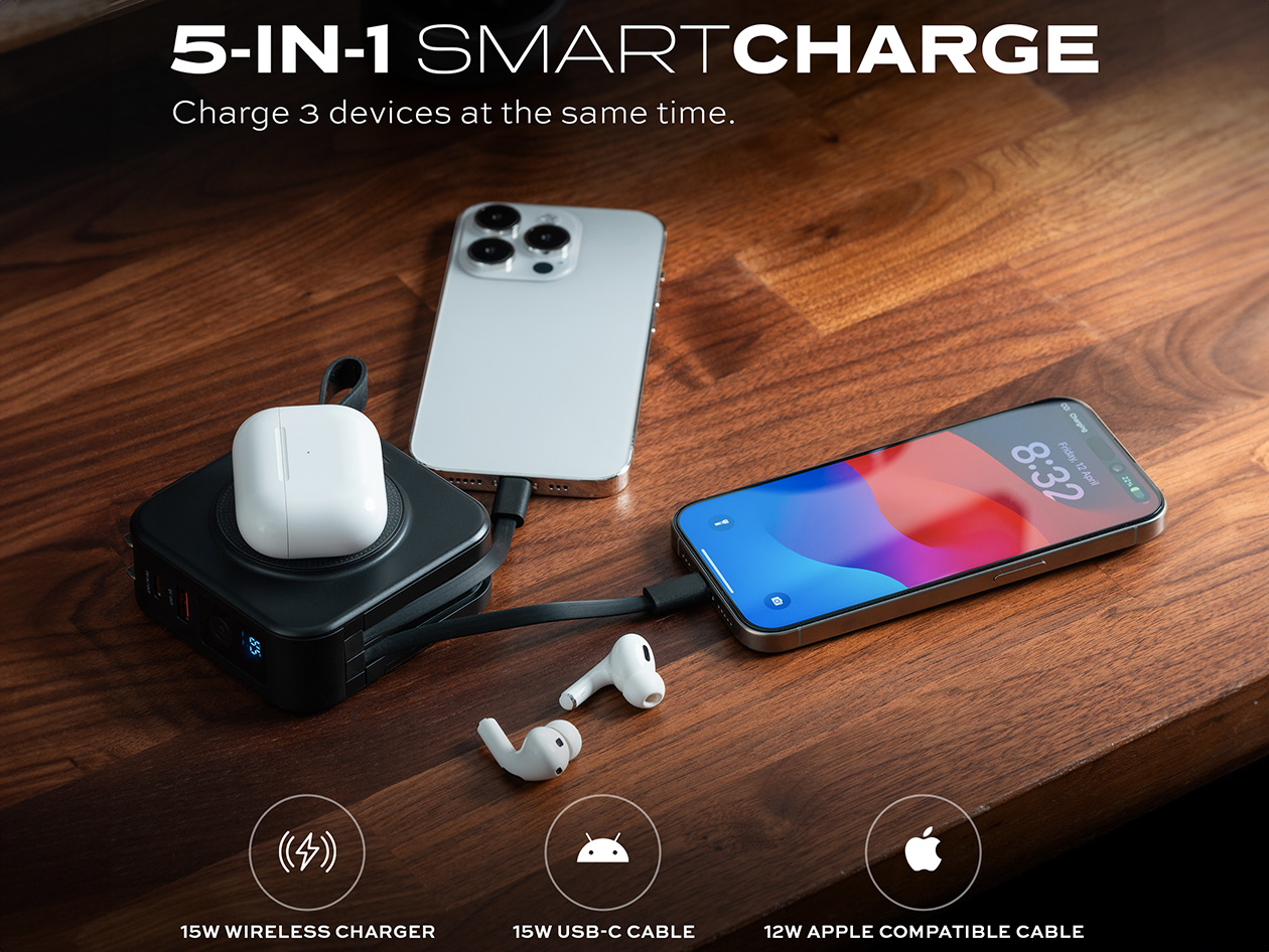 Statik® SmartCharge 5-in-1 10,000mAh Power Bank with Wall Plug & Built in USB-C/Lightning Cables