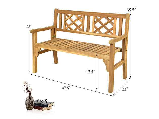 Costway Patio Outdoor Solid Wood Bench Folding Loveseat Chair Park Garden Deck Furniture - Teak