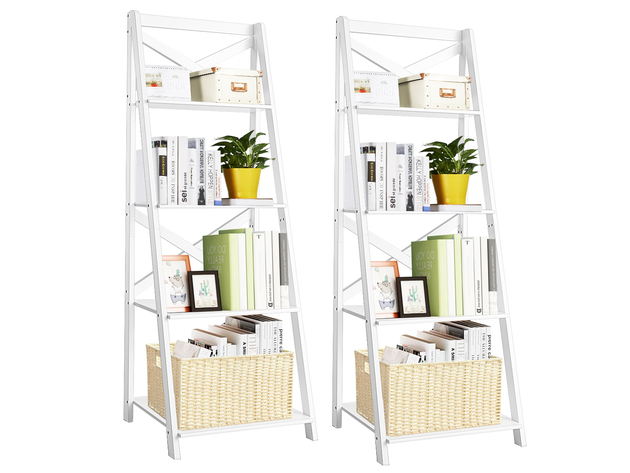 Costway Set of 2 Ladder Shelf 4-Tier Bookshelf Bookcase Storage Display Plant Leaning - White