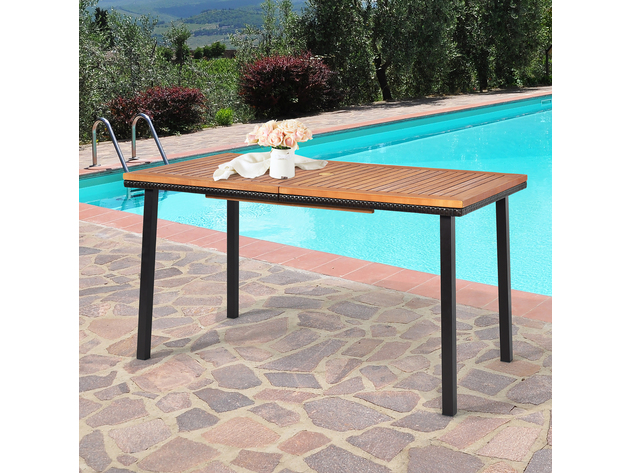 Costway 55'' Patio Rattan Dining Table Acacia Wood Table Top Umbrella Hole - Wood