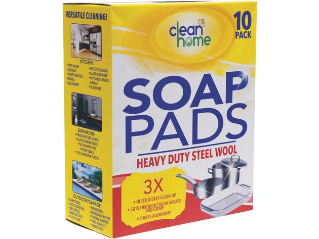 Clean Home Heavy-Duty Steel Wool Soap Pads for Quick and Easy Clean-Up,Shines Aluminum, 10 Count (New Open Box)