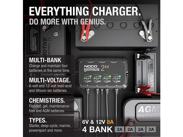 Noco GENIUS2X4 6V/12V 4-Bank, 4-Amp (2-Amp Per Bank) Fully-Automatic Smart  Charger
