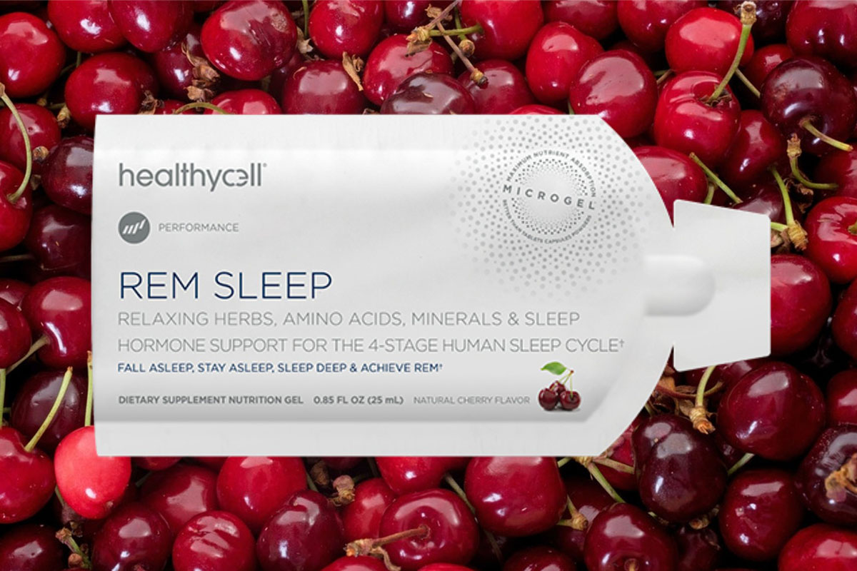 A package of healthycell REM Sleep supplements, with cherries in the background