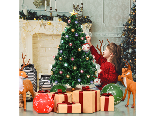 Costway 4Ft Pre-Lit Fiber Optical Firework Christmas Tree Gold Top Star - Green