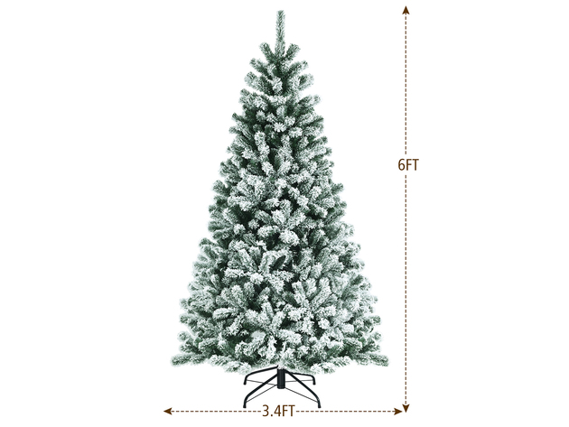 Costway 6ft Pre-lit Snow Flocked Hinged Christmas Tree w/ 928 Tips & Metal Stand - Green