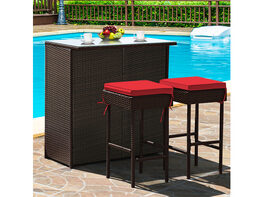 Costway 3PCS Patio Rattan Wicker Bar Table Stools Dining Set Cushioned Chairs Garden Red