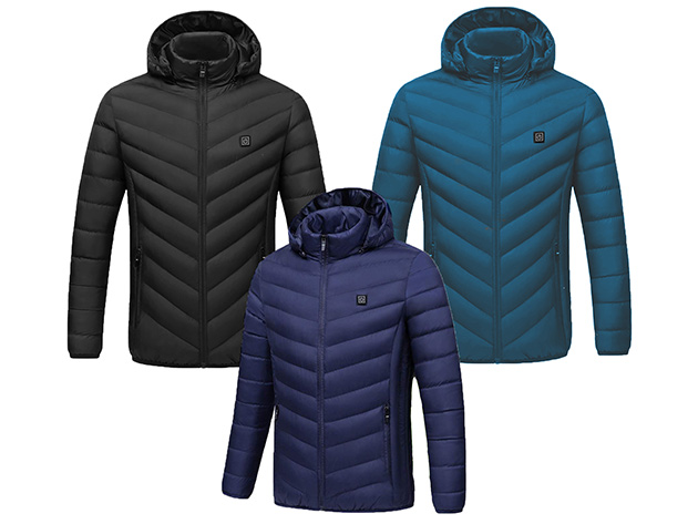 CALDO-X Heated Jacket with Detachable Hood (Navy/Large, Requires Power Bank)
