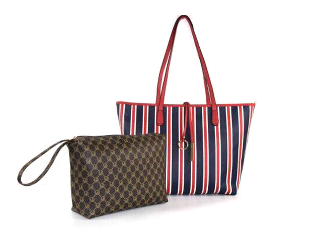 Striped Collection Tote & Wallet Set (Red + Cocoa)