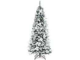 Costway 7ft Snow Flocked Christmas Pencil Tree w/ Berries & Poinsettia Flowers - White