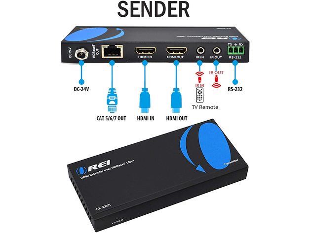 OREI HDMI Extender over Ethernet (HDMI Balun) CAT5e/CAT6 Power Over Cable - HDBaseT - Zero Latency - 1080P Upto 500 Feet -IR Signal