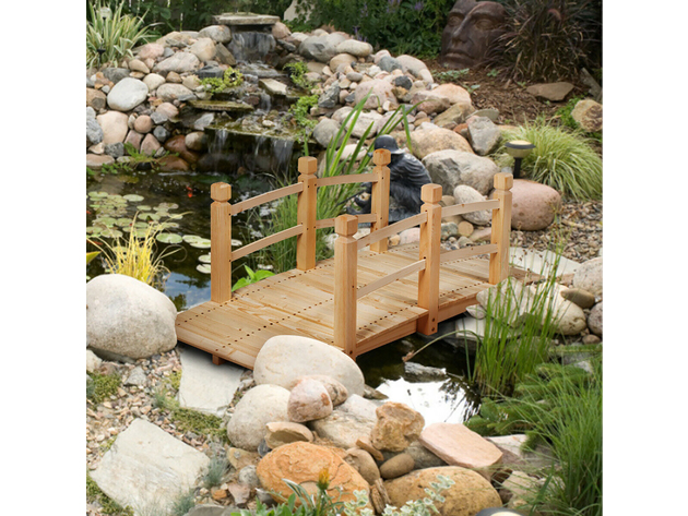 Costway 5' Wooden Garden Bridge Arc Stained Finish Footbridge Backyard Pond Decorative 