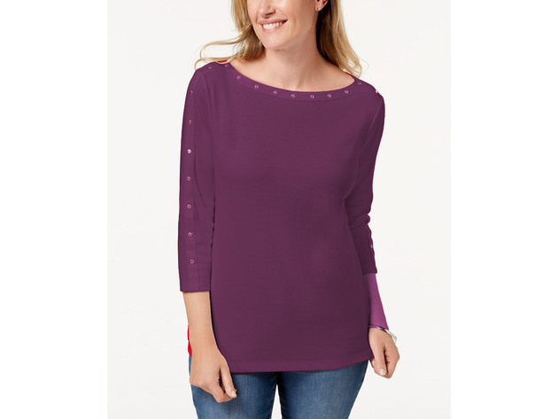 Karen Scott Women's Petite Cotton Studded Top Purple Size Medium