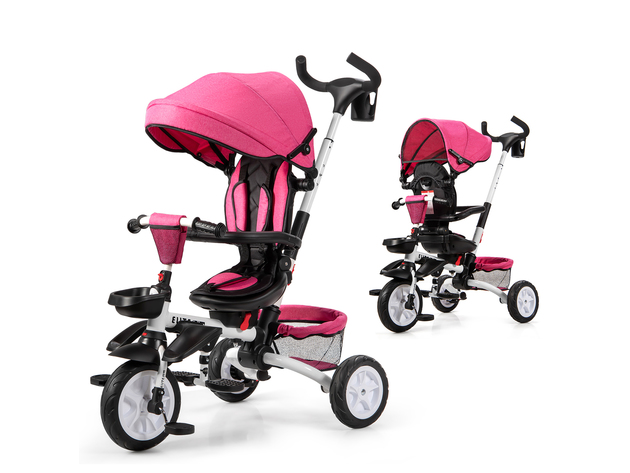 Costway 6-In-1 Kids Baby Stroller Tricycle Detachable Learning Toy Bike w/ Canopy Pink\Blue\Gray - Pink