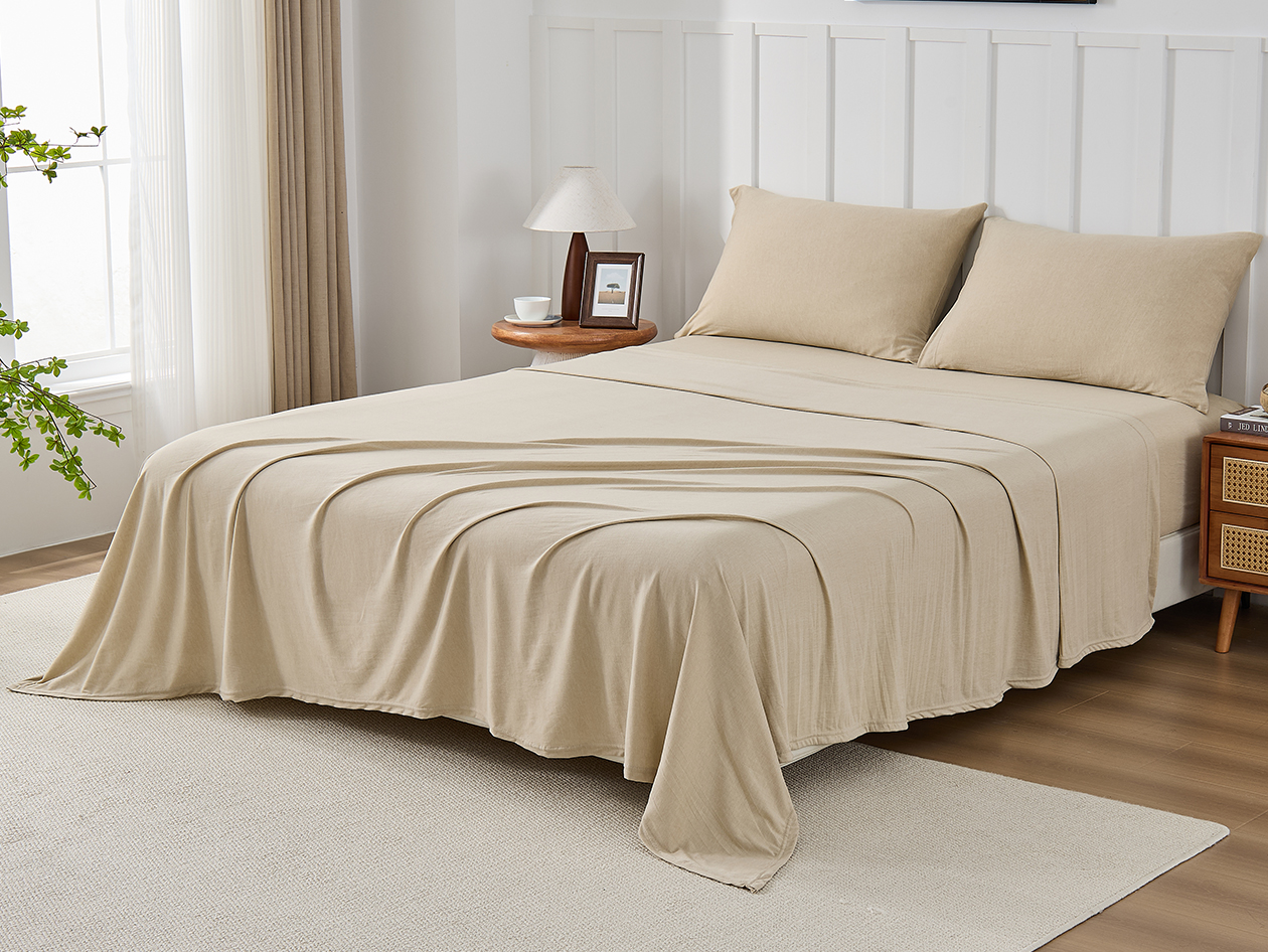 Kathy Ireland 4 Piece Heathered Jersey Knit Cotton Sheet Set (King/Oatmeal)
