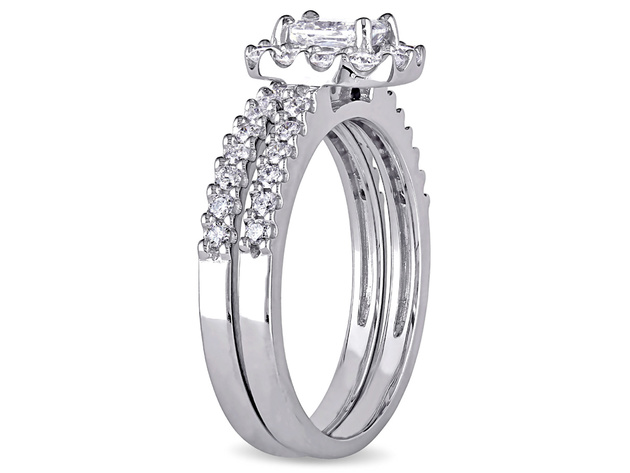 Diamond Halo Engagement Ring & Wedding Band Bridal Wedding Set 1.16 Carat (ctw Color H-I, Clarity I2-I3) in 14K White Gold - 9