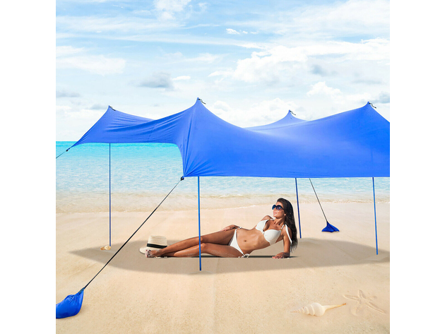 Costway Family Beach Tent Canopy w/ 4 Poles Sandbag Anchors 7'x7' UPF50+ - Blue