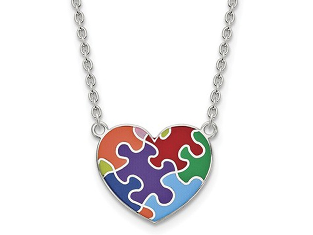 Sterling Silver Autism Heart Necklace with Chain with Enamel Colors