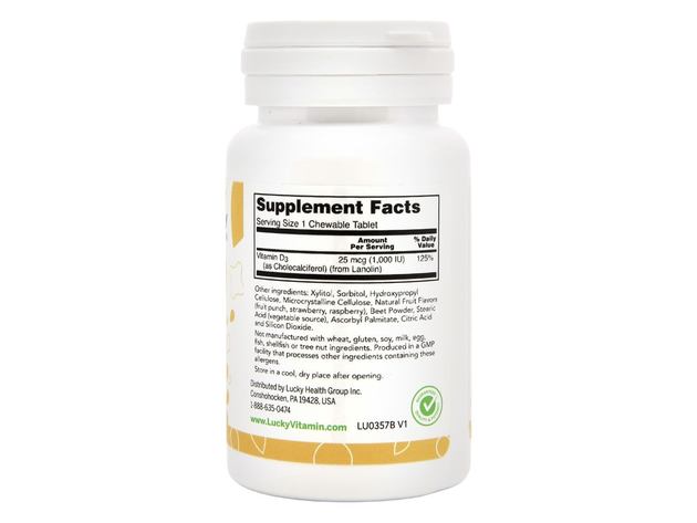 LuckyVitamin - Vitamin D3 Fruit Flavored 1000 IU - 180 Chewable Tablets
