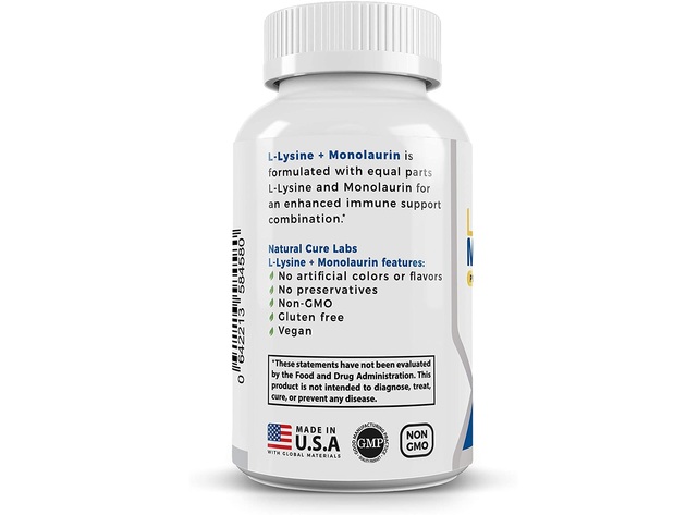 Natural Cure Labs L-Lysine+ Monolaurin 600mg 1:1 Ratio - Immune System Support, 100 Capsules Dietary Supplement