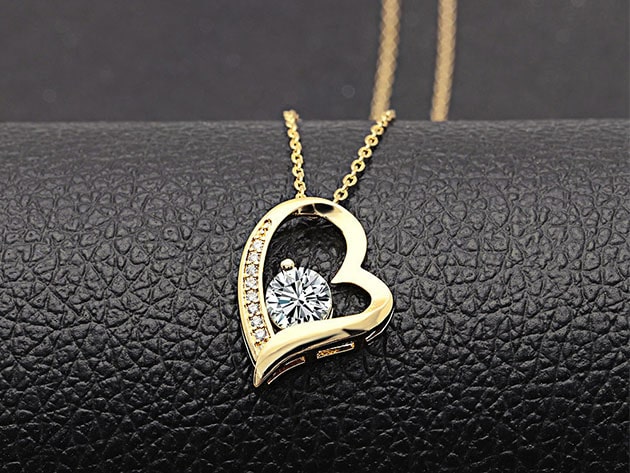Curved Heart Pendant Necklace with White Swarovski Crystals (Gold)