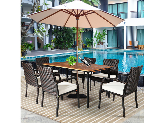Costway 7 Piece Patio Rattan Dining Set Chair Wooden Table Top W/Umbrella Hole 