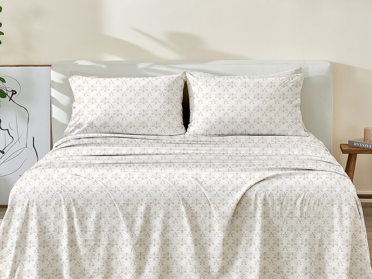 4-Piece Floral Print Microfiber Sheet Set (Taupe/Queen)